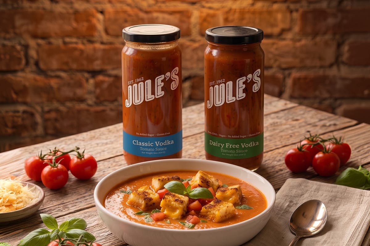 Tomato Soup with Grilled Cheese Croutons - Jule's Tomato Sauce